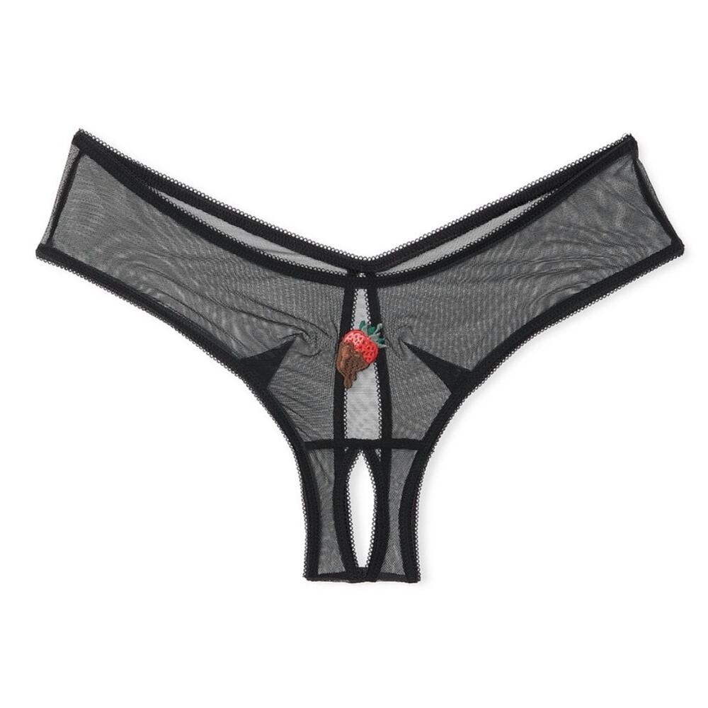 Victoria's Secret Black Sheer Strawberry Embriodered Crotchless Panty Sz M